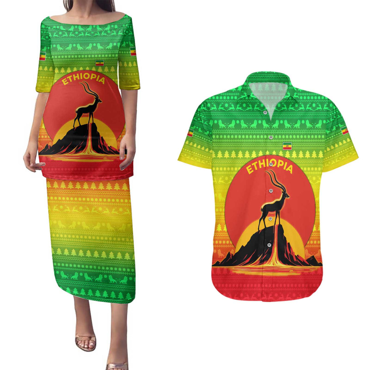 Ethiopia Christmas Couples Matching Puletasi and Hawaiian Shirt with Mountain Gazelle Sunset Ethiopian Flag Colors and Tribal Pattern Design - Wonder Print Shop