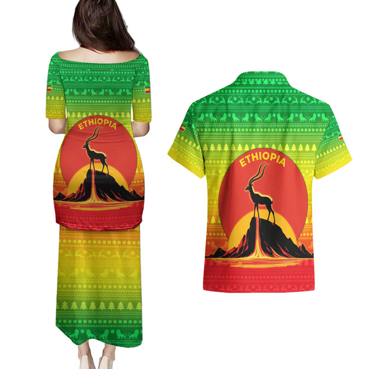 Ethiopia Christmas Couples Matching Puletasi and Hawaiian Shirt with Mountain Gazelle Sunset Ethiopian Flag Colors and Tribal Pattern Design - Wonder Print Shop