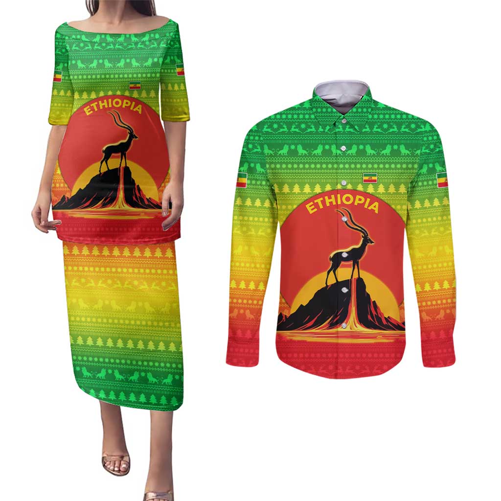 Ethiopia Christmas Couples Matching Puletasi and Long Sleeve Button Shirt with Mountain Gazelle Sunset Ethiopian Flag Colors and Tribal Pattern Design - Wonder Print Shop