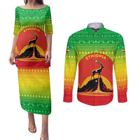 Ethiopia Christmas Couples Matching Puletasi and Long Sleeve Button Shirt with Mountain Gazelle Sunset Ethiopian Flag Colors and Tribal Pattern Design - Wonder Print Shop