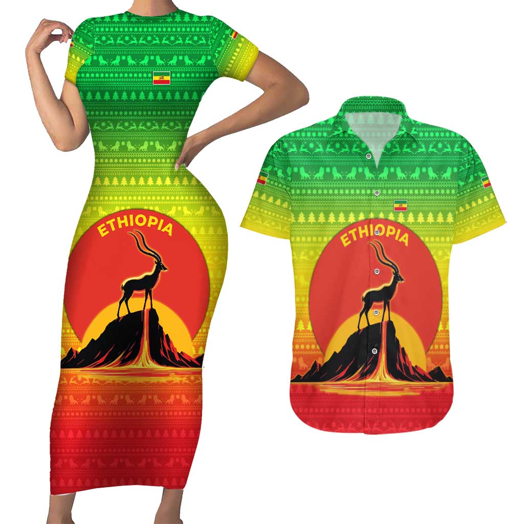 Ethiopia Christmas Couples Matching Short Sleeve Bodycon Dress and Hawaiian Shirt with Mountain Gazelle Sunset Ethiopian Flag Colors and Tribal Pattern Design - Wonder Print Shop
