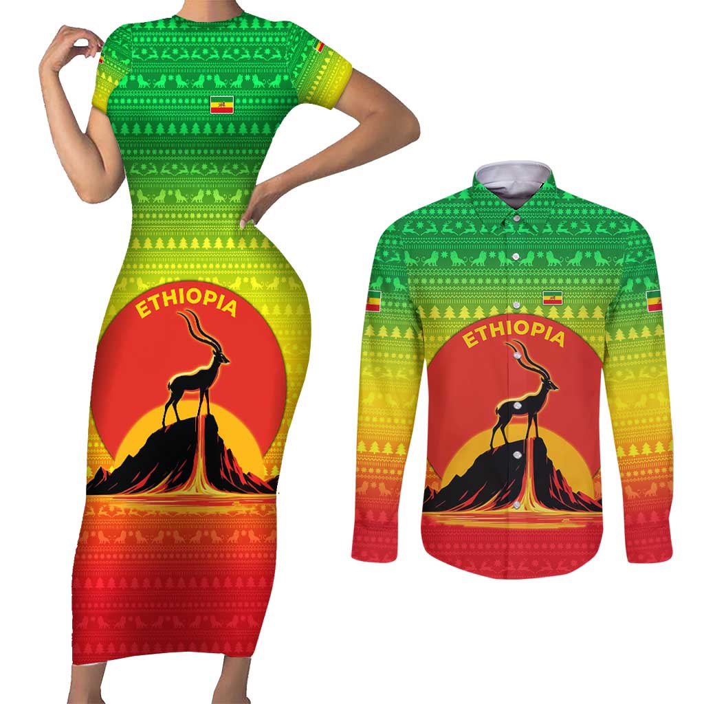 Ethiopia Christmas Couples Matching Short Sleeve Bodycon Dress and Long Sleeve Button Shirt with Mountain Gazelle Sunset Ethiopian Flag Colors and Tribal Pattern Design - Wonder Print Shop