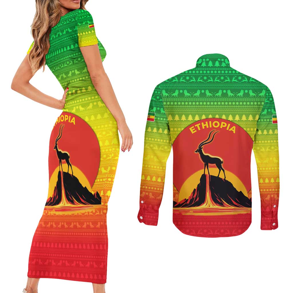 Ethiopia Christmas Couples Matching Short Sleeve Bodycon Dress and Long Sleeve Button Shirt with Mountain Gazelle Sunset Ethiopian Flag Colors and Tribal Pattern Design - Wonder Print Shop