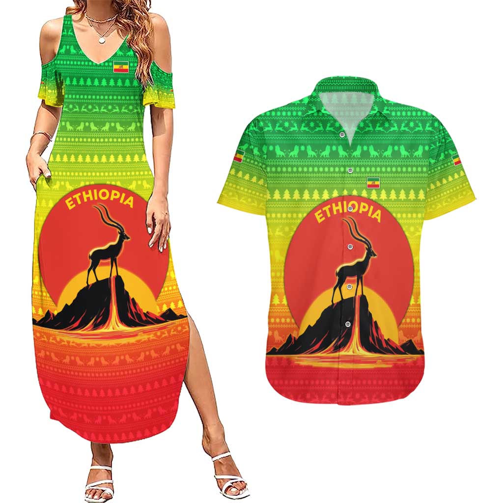 Ethiopia Christmas Couples Matching Summer Maxi Dress and Hawaiian Shirt with Mountain Gazelle Sunset Ethiopian Flag Colors and Tribal Pattern Design - Wonder Print Shop