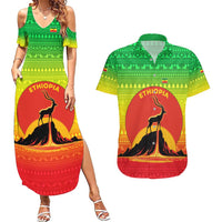 Ethiopia Christmas Couples Matching Summer Maxi Dress and Hawaiian Shirt with Mountain Gazelle Sunset Ethiopian Flag Colors and Tribal Pattern Design - Wonder Print Shop