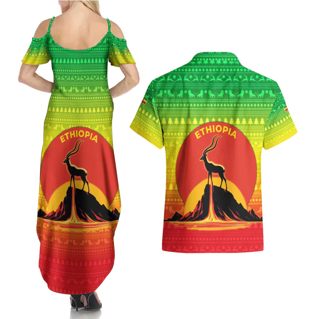 Ethiopia Christmas Couples Matching Summer Maxi Dress and Hawaiian Shirt with Mountain Gazelle Sunset Ethiopian Flag Colors and Tribal Pattern Design - Wonder Print Shop