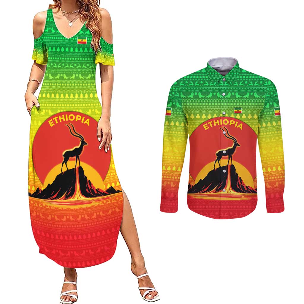 Ethiopia Christmas Couples Matching Summer Maxi Dress and Long Sleeve Button Shirt with Mountain Gazelle Sunset Ethiopian Flag Colors and Tribal Pattern Design - Wonder Print Shop