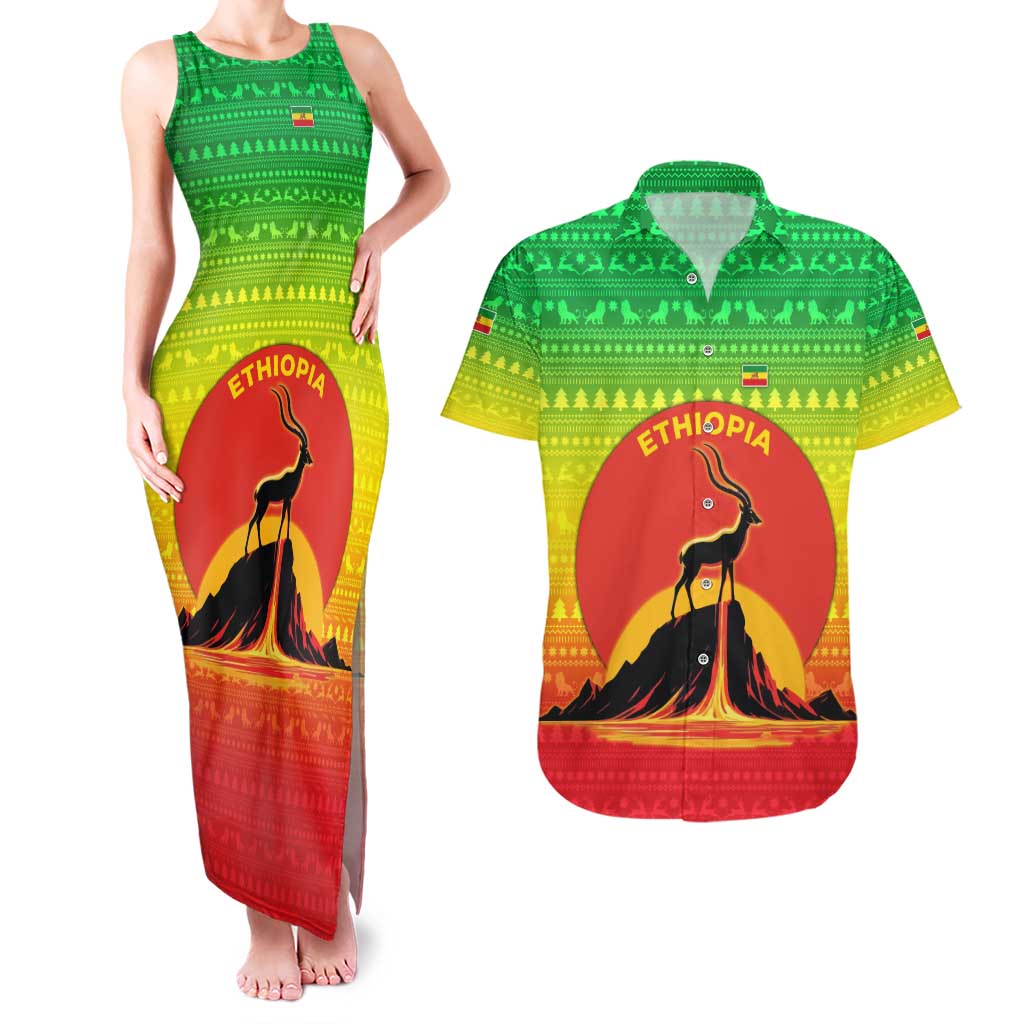 Ethiopia Christmas Couples Matching Tank Maxi Dress and Hawaiian Shirt with Mountain Gazelle Sunset Ethiopian Flag Colors and Tribal Pattern Design - Wonder Print Shop
