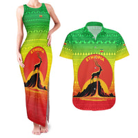Ethiopia Christmas Couples Matching Tank Maxi Dress and Hawaiian Shirt with Mountain Gazelle Sunset Ethiopian Flag Colors and Tribal Pattern Design - Wonder Print Shop