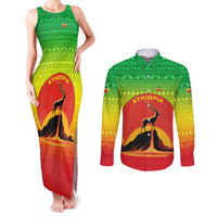 Ethiopia Christmas Couples Matching Tank Maxi Dress and Long Sleeve Button Shirt with Mountain Gazelle Sunset Ethiopian Flag Colors and Tribal Pattern Design - Wonder Print Shop