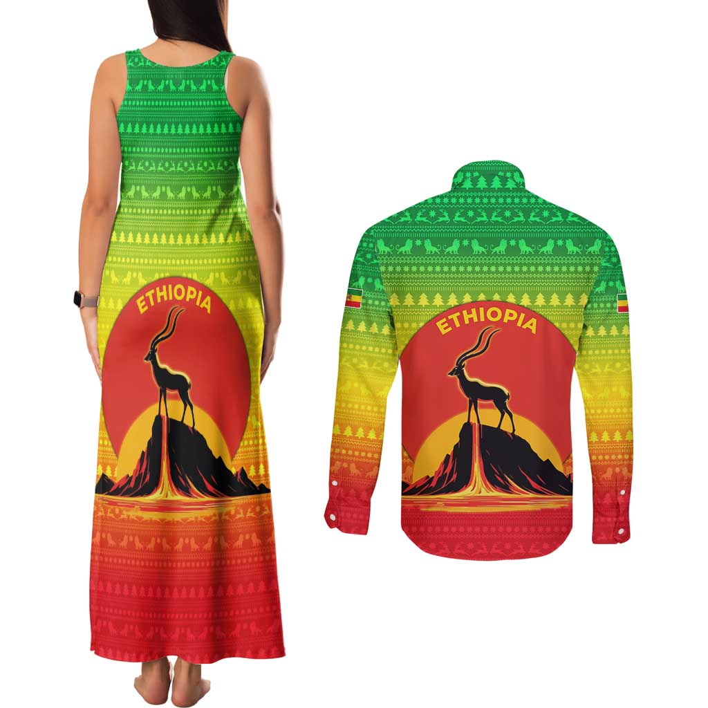 Ethiopia Christmas Couples Matching Tank Maxi Dress and Long Sleeve Button Shirt with Mountain Gazelle Sunset Ethiopian Flag Colors and Tribal Pattern Design - Wonder Print Shop