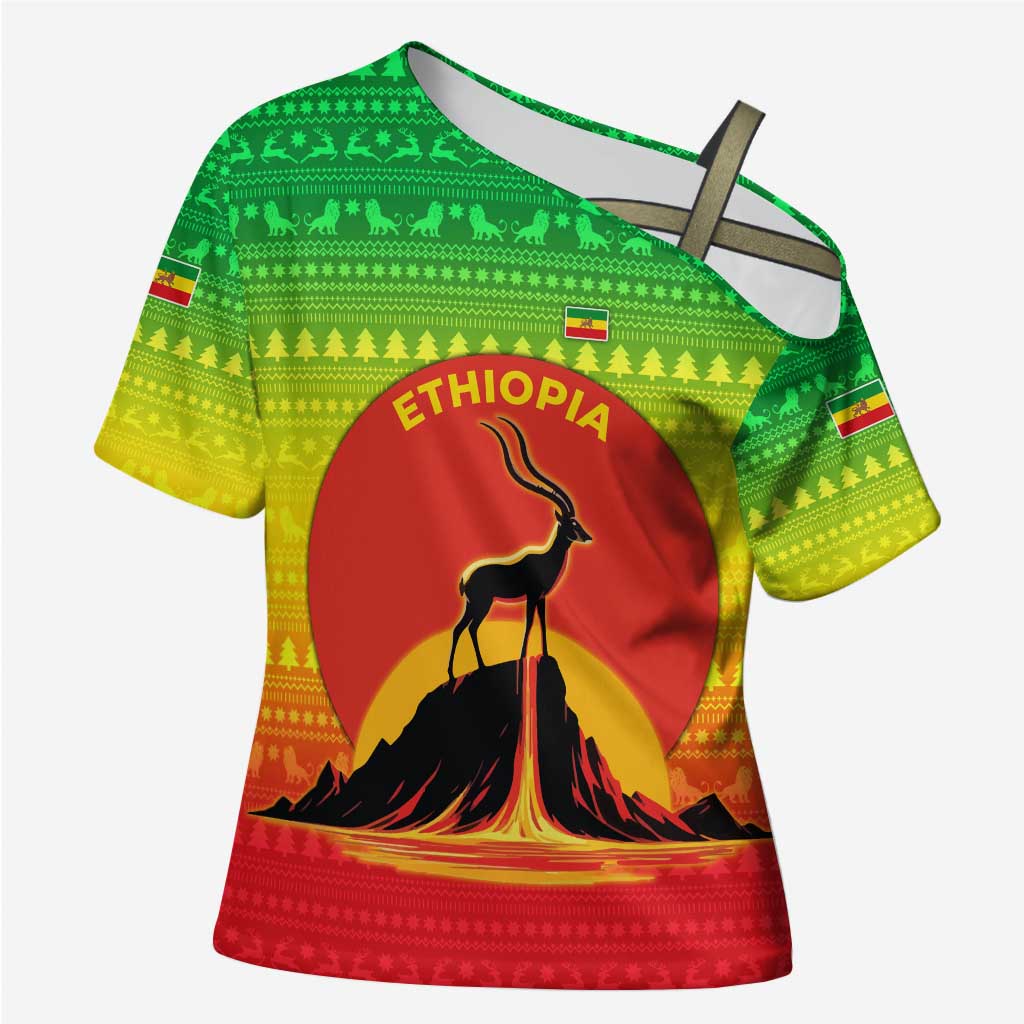 Ethiopia Christmas Cross Shoulder Shirt with Mountain Gazelle Sunset Ethiopian Flag Colors and Tribal Pattern Design - Wonder Print Shop