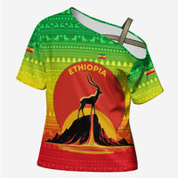 Ethiopia Christmas Cross Shoulder Shirt with Mountain Gazelle Sunset Ethiopian Flag Colors and Tribal Pattern Design - Wonder Print Shop