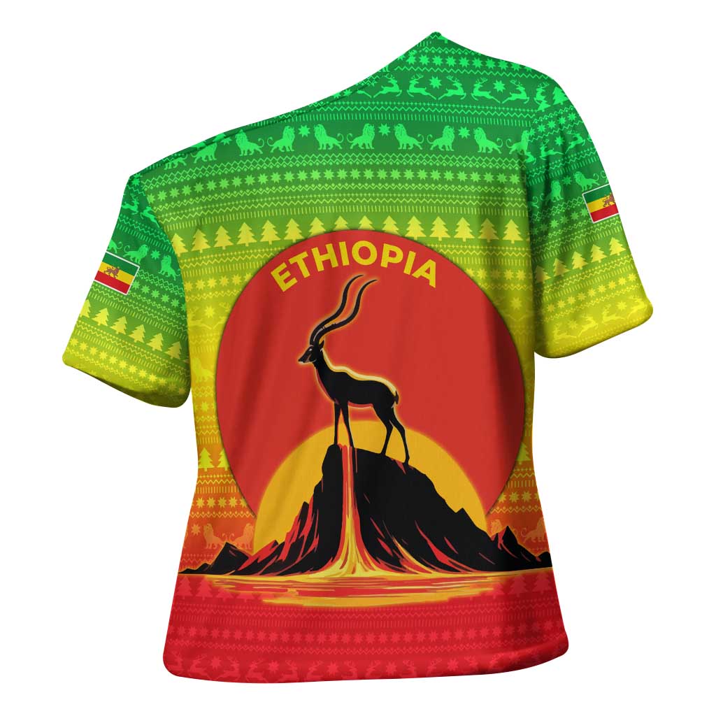 Ethiopia Christmas Cross Shoulder Shirt with Mountain Gazelle Sunset Ethiopian Flag Colors and Tribal Pattern Design - Wonder Print Shop