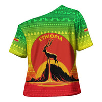 Ethiopia Christmas Cross Shoulder Shirt with Mountain Gazelle Sunset Ethiopian Flag Colors and Tribal Pattern Design - Wonder Print Shop