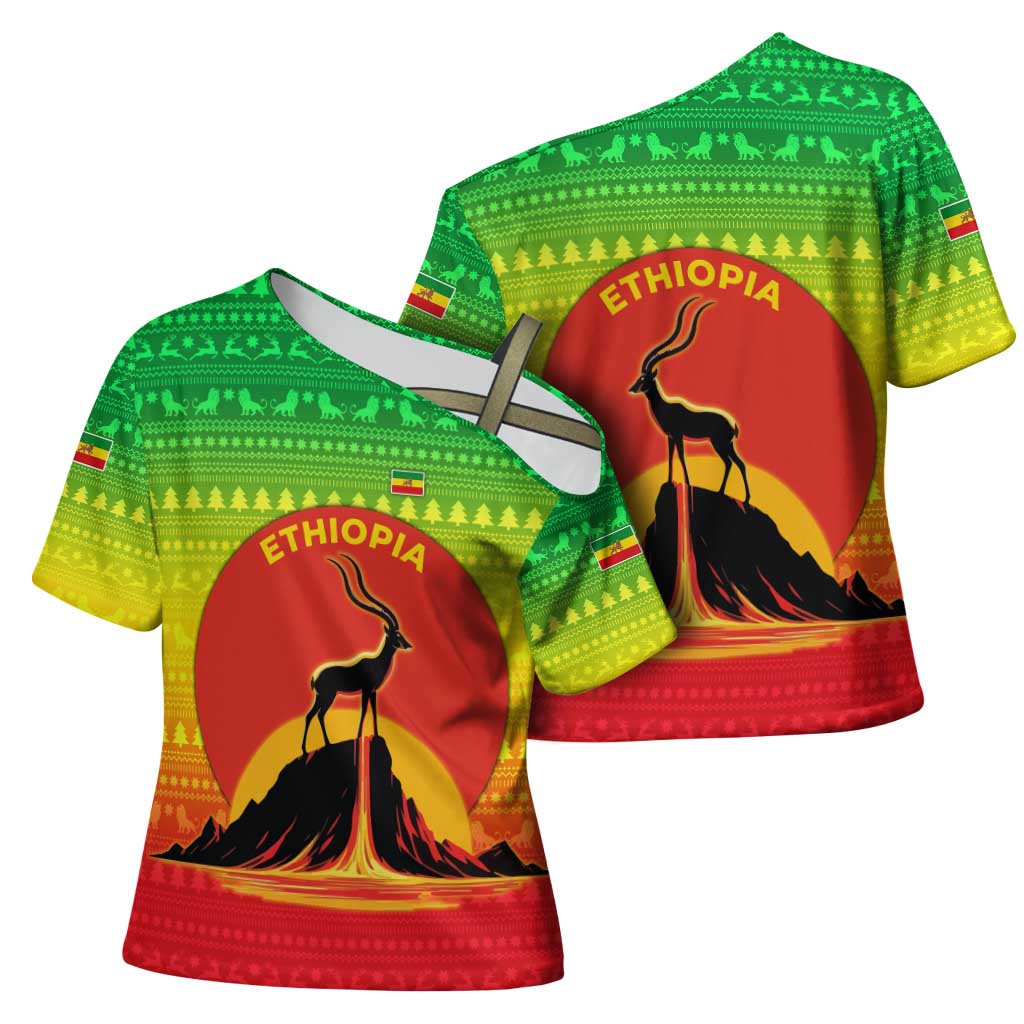 Ethiopia Christmas Cross Shoulder Shirt with Mountain Gazelle Sunset Ethiopian Flag Colors and Tribal Pattern Design - Wonder Print Shop