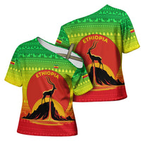 Ethiopia Christmas Cross Shoulder Shirt with Mountain Gazelle Sunset Ethiopian Flag Colors and Tribal Pattern Design - Wonder Print Shop