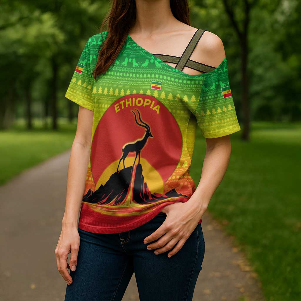 Ethiopia Christmas Cross Shoulder Shirt with Mountain Gazelle Sunset Ethiopian Flag Colors and Tribal Pattern Design - Wonder Print Shop