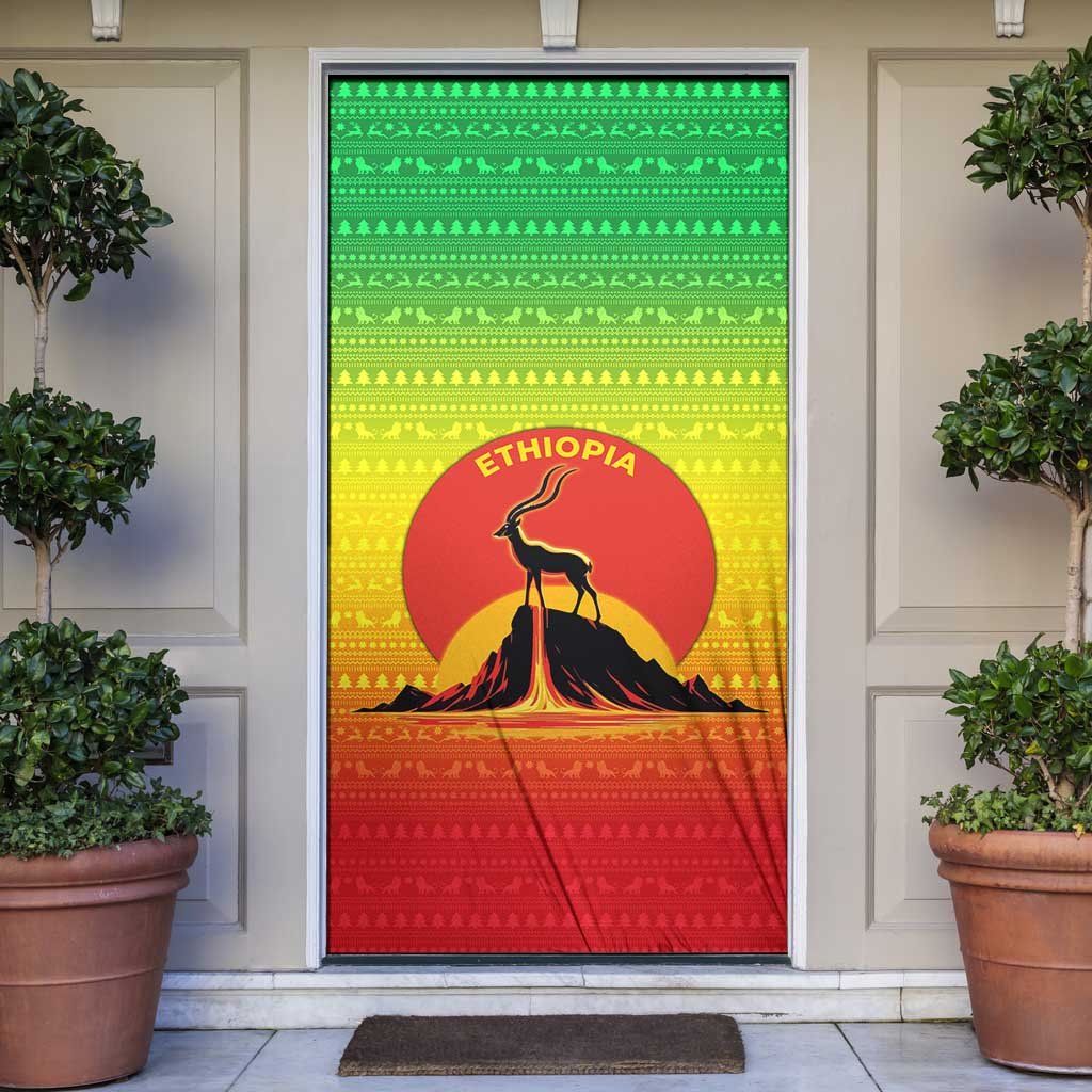 Ethiopia Christmas Door Cover with Mountain Gazelle Sunset Ethiopian Flag Colors and Tribal Pattern Design - Wonder Print Shop