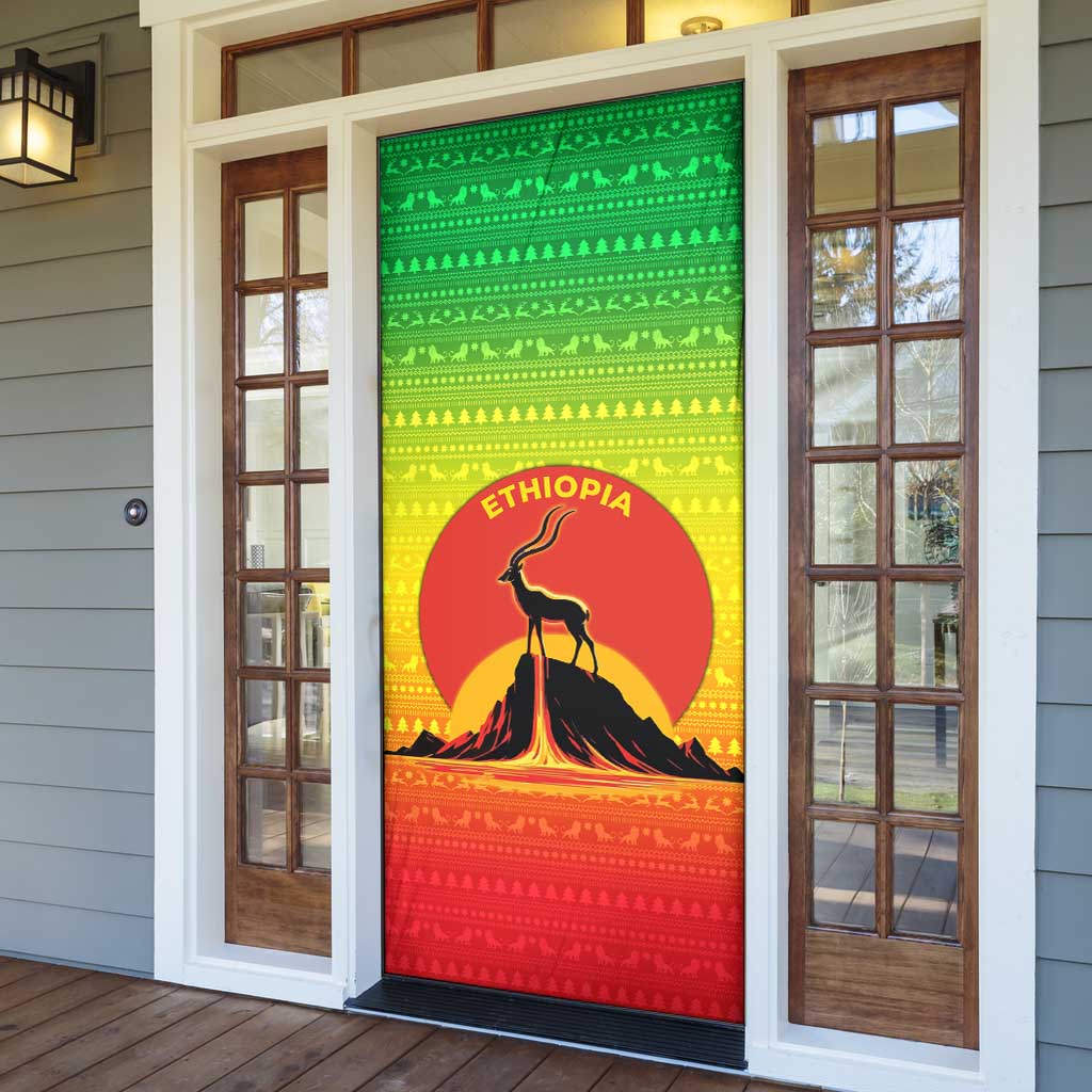 Ethiopia Christmas Door Cover with Mountain Gazelle Sunset Ethiopian Flag Colors and Tribal Pattern Design - Wonder Print Shop
