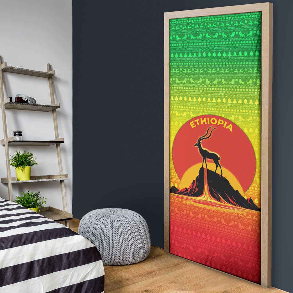 Ethiopia Christmas Door Cover with Mountain Gazelle Sunset Ethiopian Flag Colors and Tribal Pattern Design - Wonder Print Shop