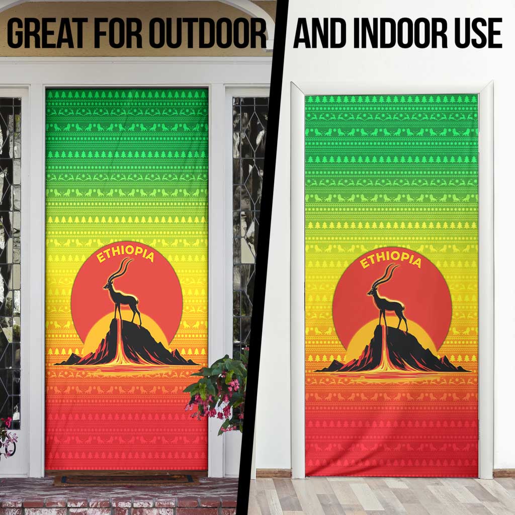 Ethiopia Christmas Door Cover with Mountain Gazelle Sunset Ethiopian Flag Colors and Tribal Pattern Design - Wonder Print Shop