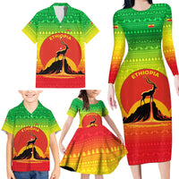 Ethiopia Christmas Family Matching Long Sleeve Bodycon Dress and Hawaiian Shirt with Mountain Gazelle Sunset Ethiopian Flag Colors and Tribal Pattern Design - Wonder Print Shop