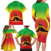 Ethiopia Christmas Family Matching Long Sleeve Bodycon Dress and Hawaiian Shirt with Mountain Gazelle Sunset Ethiopian Flag Colors and Tribal Pattern Design - Wonder Print Shop