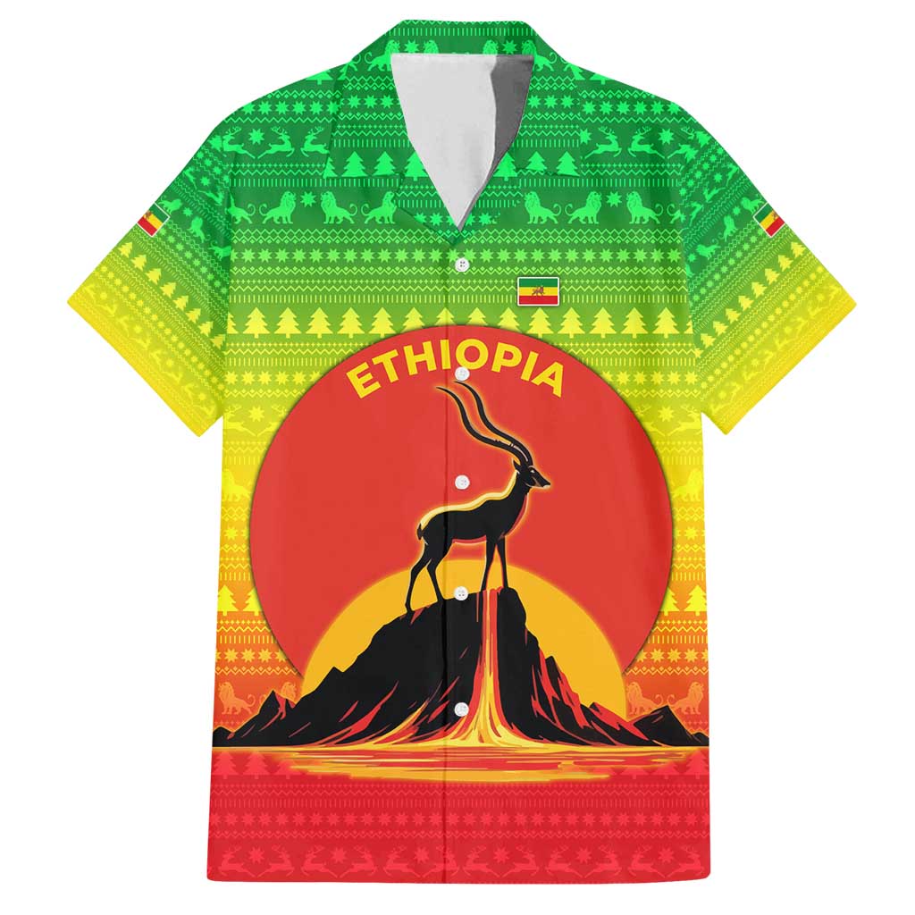 Ethiopia Christmas Family Matching Long Sleeve Bodycon Dress and Hawaiian Shirt with Mountain Gazelle Sunset Ethiopian Flag Colors and Tribal Pattern Design - Wonder Print Shop