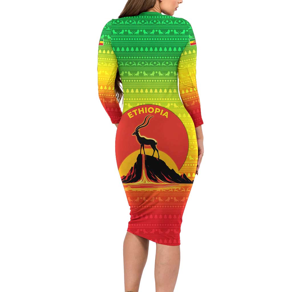 Ethiopia Christmas Family Matching Long Sleeve Bodycon Dress and Hawaiian Shirt with Mountain Gazelle Sunset Ethiopian Flag Colors and Tribal Pattern Design - Wonder Print Shop