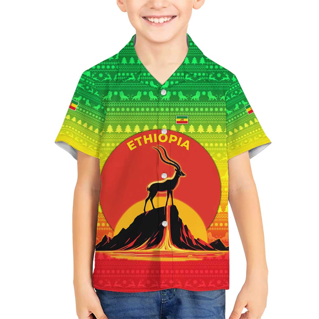Ethiopia Christmas Family Matching Long Sleeve Bodycon Dress and Hawaiian Shirt with Mountain Gazelle Sunset Ethiopian Flag Colors and Tribal Pattern Design - Wonder Print Shop