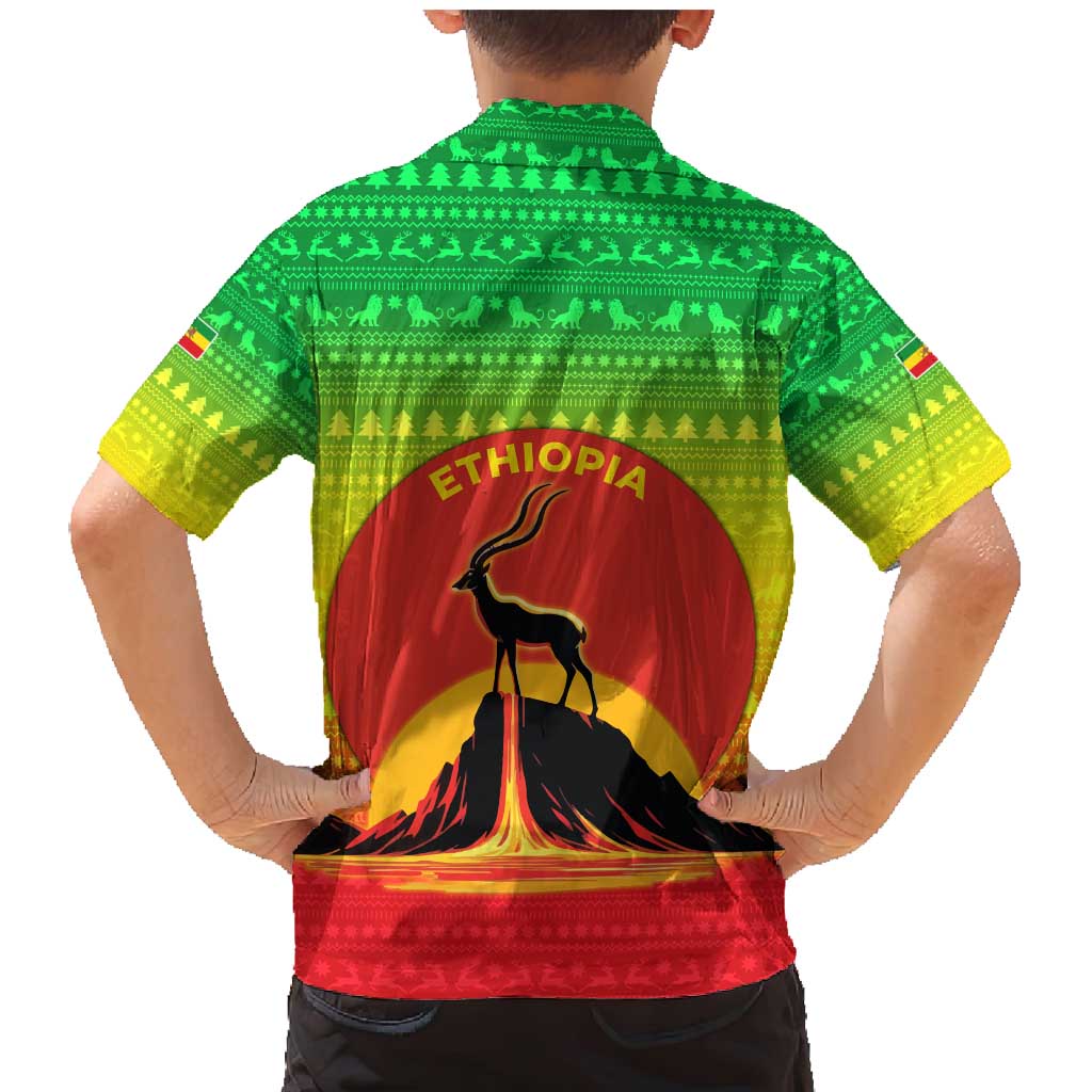 Ethiopia Christmas Family Matching Mermaid Dress and Hawaiian Shirt with Mountain Gazelle Sunset Ethiopian Flag Colors and Tribal Pattern Design - Wonder Print Shop