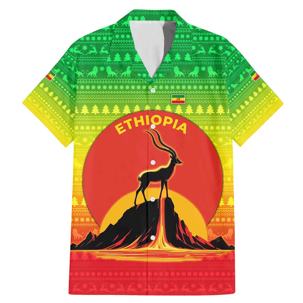 Ethiopia Christmas Family Matching Mermaid Dress and Hawaiian Shirt with Mountain Gazelle Sunset Ethiopian Flag Colors and Tribal Pattern Design - Wonder Print Shop