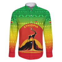 Ethiopia Christmas Family Matching Mermaid Dress and Hawaiian Shirt with Mountain Gazelle Sunset Ethiopian Flag Colors and Tribal Pattern Design - Wonder Print Shop