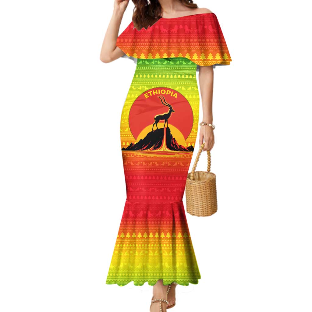 Ethiopia Christmas Family Matching Mermaid Dress and Hawaiian Shirt with Mountain Gazelle Sunset Ethiopian Flag Colors and Tribal Pattern Design - Wonder Print Shop