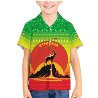 Ethiopia Christmas Family Matching Mermaid Dress and Hawaiian Shirt with Mountain Gazelle Sunset Ethiopian Flag Colors and Tribal Pattern Design - Wonder Print Shop