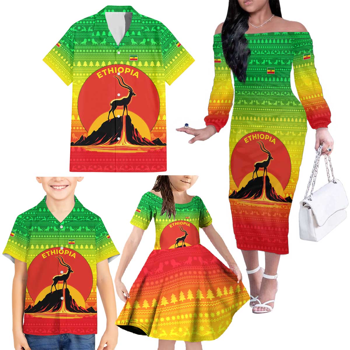 Ethiopia Christmas Family Matching Off The Shoulder Long Sleeve Dress and Hawaiian Shirt with Mountain Gazelle Sunset Ethiopian Flag Colors and Tribal Pattern Design - Wonder Print Shop