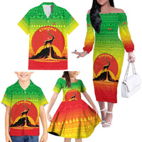 Ethiopia Christmas Family Matching Off The Shoulder Long Sleeve Dress and Hawaiian Shirt with Mountain Gazelle Sunset Ethiopian Flag Colors and Tribal Pattern Design - Wonder Print Shop