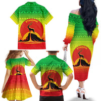 Ethiopia Christmas Family Matching Off The Shoulder Long Sleeve Dress and Hawaiian Shirt with Mountain Gazelle Sunset Ethiopian Flag Colors and Tribal Pattern Design - Wonder Print Shop