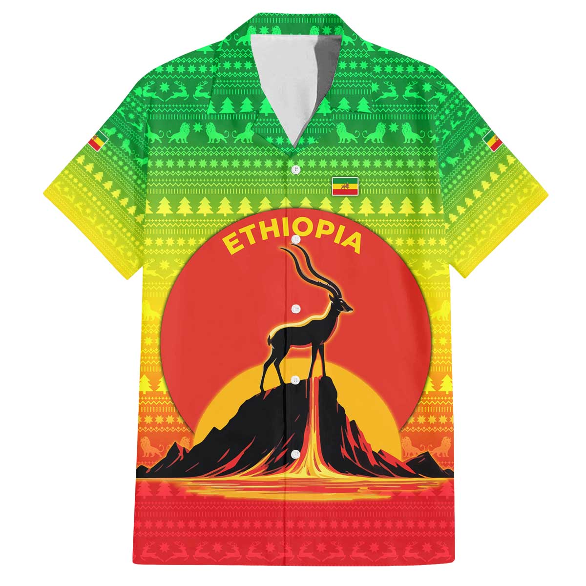 Ethiopia Christmas Family Matching Off The Shoulder Long Sleeve Dress and Hawaiian Shirt with Mountain Gazelle Sunset Ethiopian Flag Colors and Tribal Pattern Design - Wonder Print Shop