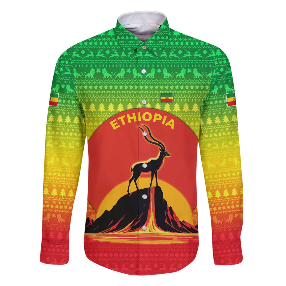 Ethiopia Christmas Family Matching Off The Shoulder Long Sleeve Dress and Hawaiian Shirt with Mountain Gazelle Sunset Ethiopian Flag Colors and Tribal Pattern Design - Wonder Print Shop