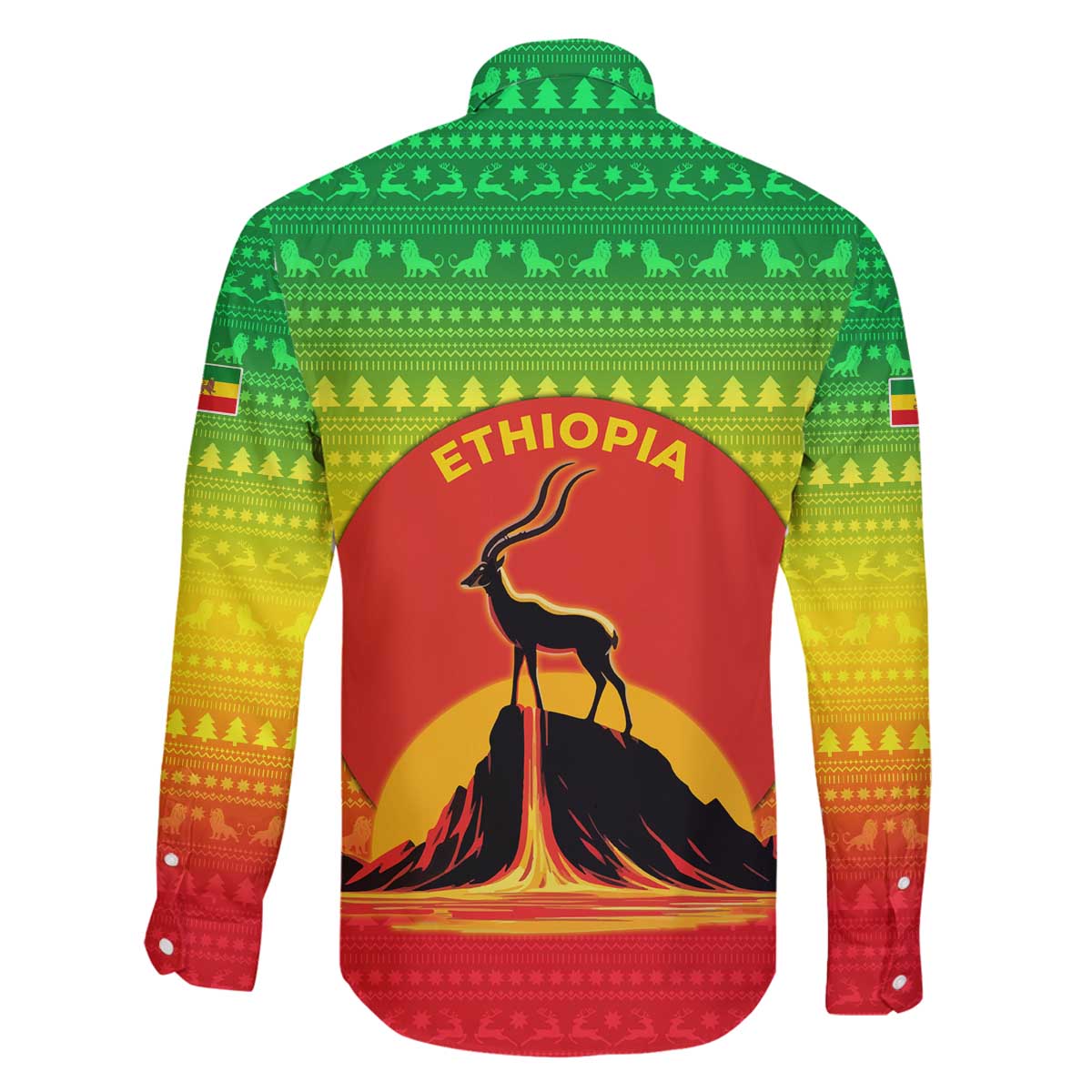 Ethiopia Christmas Family Matching Off The Shoulder Long Sleeve Dress and Hawaiian Shirt with Mountain Gazelle Sunset Ethiopian Flag Colors and Tribal Pattern Design - Wonder Print Shop