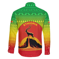 Ethiopia Christmas Family Matching Off The Shoulder Long Sleeve Dress and Hawaiian Shirt with Mountain Gazelle Sunset Ethiopian Flag Colors and Tribal Pattern Design - Wonder Print Shop