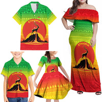 Ethiopia Christmas Family Matching Off Shoulder Maxi Dress and Hawaiian Shirt with Mountain Gazelle Sunset Ethiopian Flag Colors and Tribal Pattern Design - Wonder Print Shop