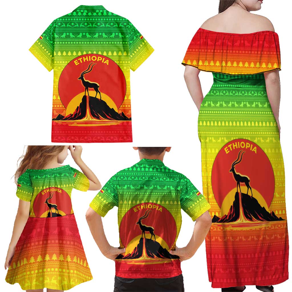 Ethiopia Christmas Family Matching Off Shoulder Maxi Dress and Hawaiian Shirt with Mountain Gazelle Sunset Ethiopian Flag Colors and Tribal Pattern Design - Wonder Print Shop