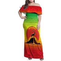 Ethiopia Christmas Family Matching Off Shoulder Maxi Dress and Hawaiian Shirt with Mountain Gazelle Sunset Ethiopian Flag Colors and Tribal Pattern Design - Wonder Print Shop