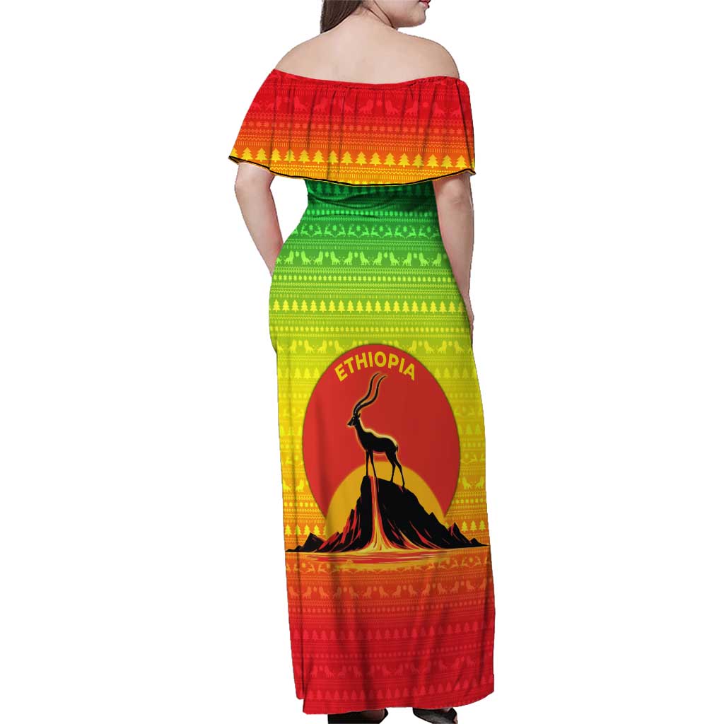 Ethiopia Christmas Family Matching Off Shoulder Maxi Dress and Hawaiian Shirt with Mountain Gazelle Sunset Ethiopian Flag Colors and Tribal Pattern Design - Wonder Print Shop