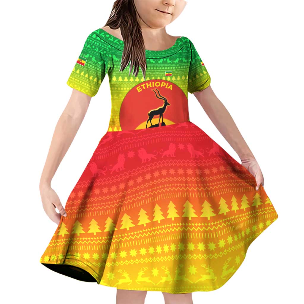 Ethiopia Christmas Family Matching Off Shoulder Short Dress and Hawaiian Shirt with Mountain Gazelle Sunset Ethiopian Flag Colors and Tribal Pattern Design - Wonder Print Shop