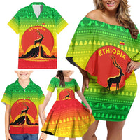 Ethiopia Christmas Family Matching Off Shoulder Short Dress and Hawaiian Shirt with Mountain Gazelle Sunset Ethiopian Flag Colors and Tribal Pattern Design - Wonder Print Shop