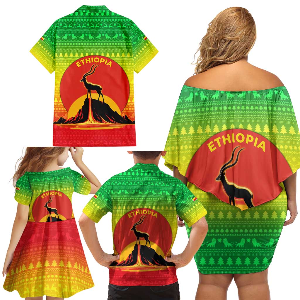Ethiopia Christmas Family Matching Off Shoulder Short Dress and Hawaiian Shirt with Mountain Gazelle Sunset Ethiopian Flag Colors and Tribal Pattern Design - Wonder Print Shop